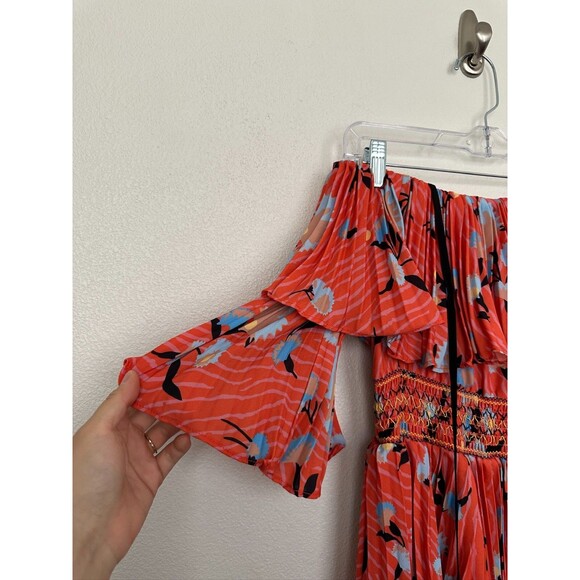 Self-Portrait Off Shoulder Pleated Ruffle Floral Tropical Midi Dress Orange Sz 0 - Picture 4 of 12